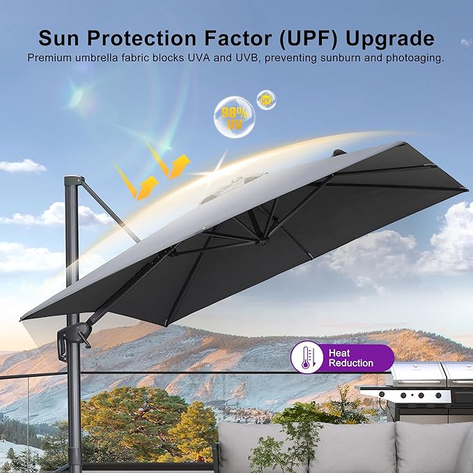 PURPLE LEAF Patio Umbrella 10' X 13' Rectangle Cantilever Umbrella Large Aluminum Outdoor Umbrellas with 360-degree Rotation & UPF40+ Premium Fabric for Deck Pool Garden Yard, Mist Grey