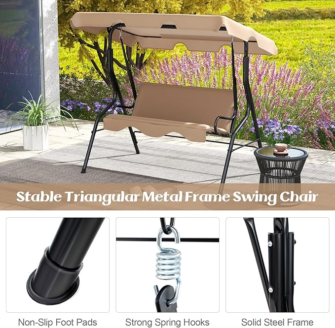 Tangkula 3 Person Porch Swing, Patio Swing with Removable Cushion & Powder-Coated Steel Frame, Outdoor Swing with Canopy for Porch, Backyard, Garden, Balcony (Beige)