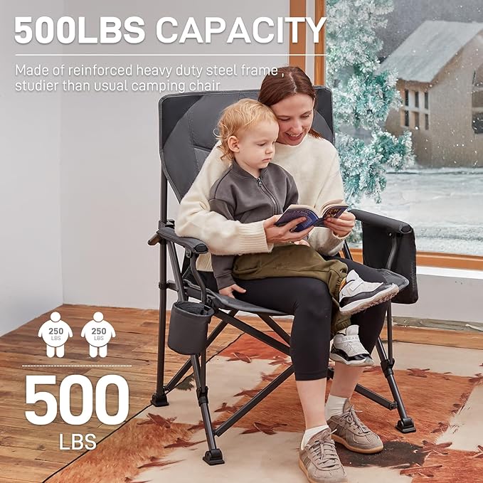 EVER ADVANCED Oversized Folding Camping Chair for Adults, Heavy Duty Lawn Chair with Side Pockets, Portable Collapsible Quad Chair for Outside, Support Up to 500lbs, Grey 2PACK