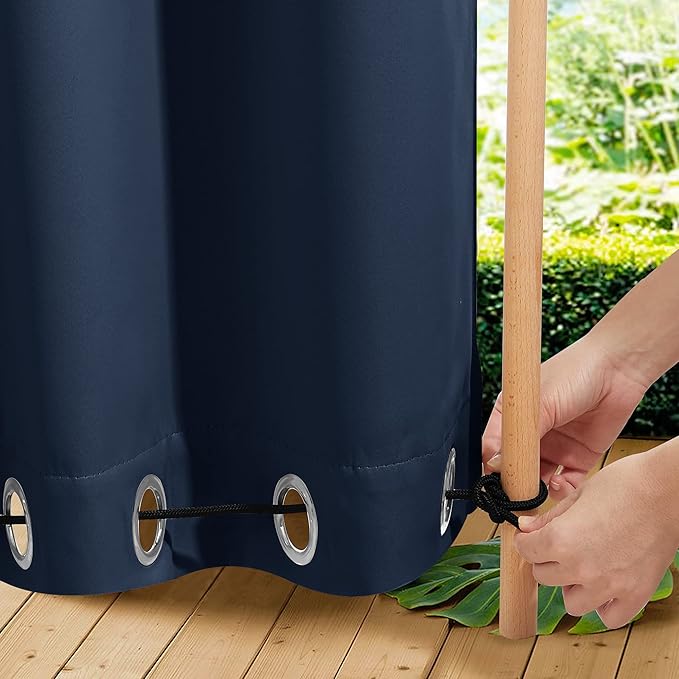 NICETOWN 2 Panels Outdoor Curtains Waterproof Extra Long 84" for Patio, Windproof Top & Bottom Grommet & Back Tab Weighted Blackout Outdoor drapes Keep Privacy with Rope for Fixed, 84" Wide, Navy Blue