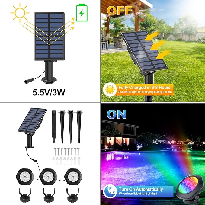 Solar Pond Lights, 18 LED Super Bright RGB LED Underwater Spotlights Color Changing Submersible Pond Light IP68 Waterproof Fountain Lights for Fish Aquarium Tank Garden Yard Pool (3-in-1)