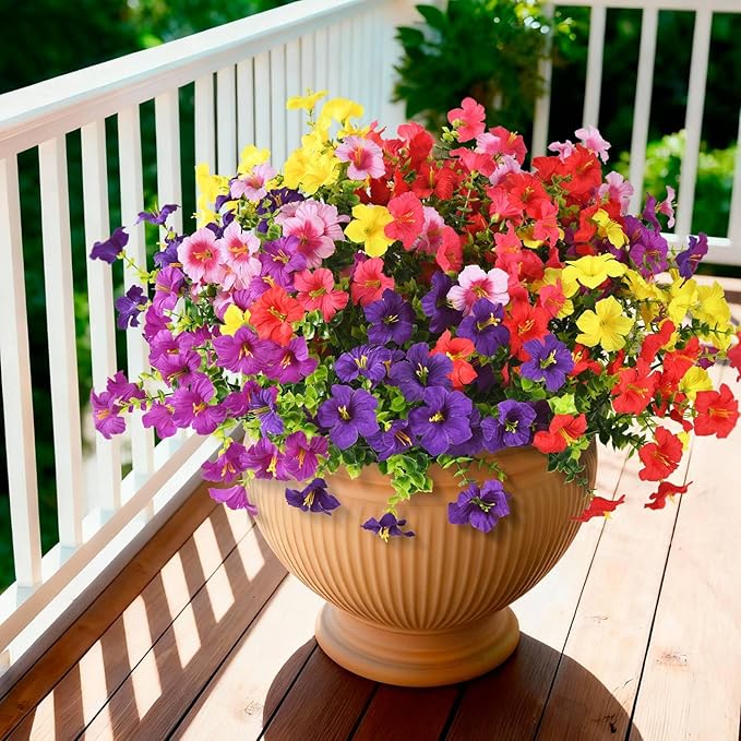 INQCMY Artificial Fake Petunias Flowers for Outdoors Spring Decoration, 12 Bundles Faux Plants Outdoor UV Resistant Realistic Silk Flower for Outside Planters Patio Porch Yard Window Box