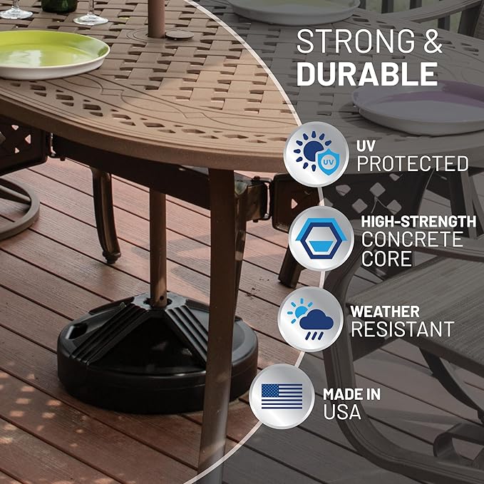US Weight Durable Fillable Umbrella Base for Patio Table - 50 Pound Capacity Heavy Duty Adjustable Stand for Outdoor Umbrellas - Made in The USA
