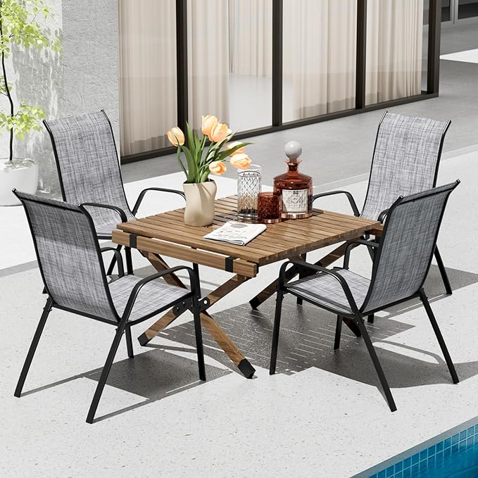 TLSUNNY Patio Chairs, Stackable Textilene Outdoor Dining Furniture for All Weather, with 17.7″ Wide Seat & Metal Frame, for Garden, Backyard, Deck, Restaurant, Poolside (4, Grey, 26.4″)