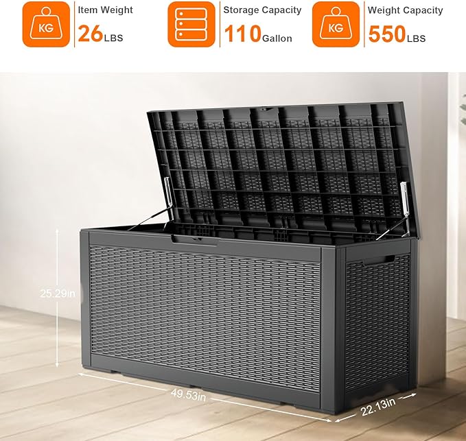 ROJIK Outdoor Storage Housing Deck Box - Waterproof Patio Furniture, Garden Tools, Cushions, Pool Accessories Storage Bench with Lockable Lid and Side Handles (Black 110 Gal)