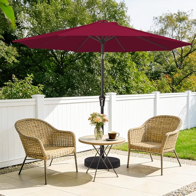 MEWAY 9ft Patio Umbrella Outdoor Table Umbrellas with Push Button Tilt and Crank, Market Umbrella 8 Sturdy Ribs for Deck, Garden, Pool and Backyard, Dark Red