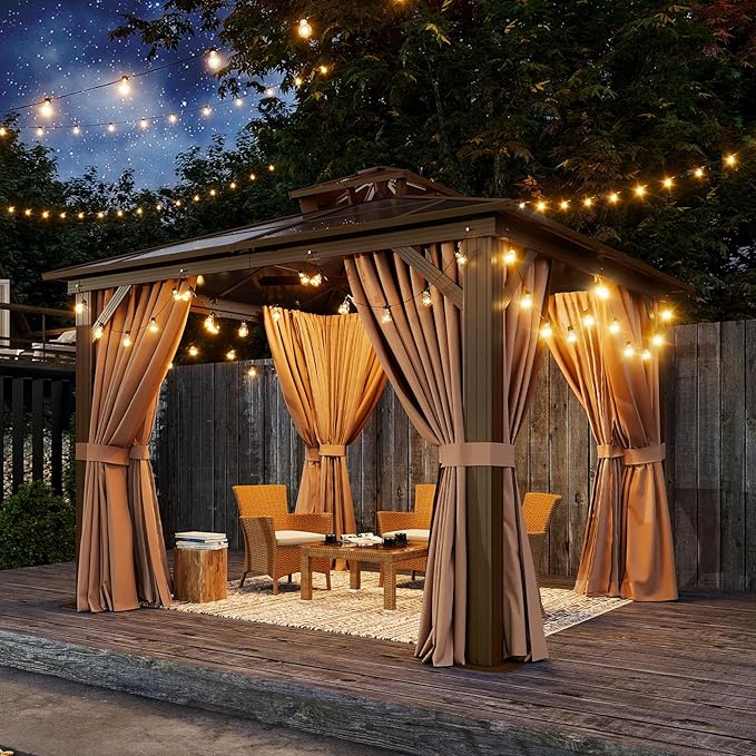 Aoxun 10'x10' Hardtop Gazebo, Outdoor Polycarbonate Double Top Canopy, Aluminum Frame Gazebo with Netting and Curtains, Sunshade for Patios, Gardens, Lawns