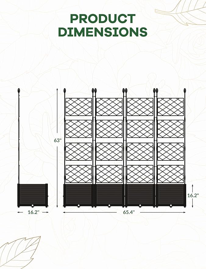 4 PCS Raised Garden Bed with Trellis & Privacy Screen, 66"w x 63"Tall Vertical Garden Planter Box for Climbing Plants - Sturdy Lightweight Outdoor Planter for Vegetables, Flowers on Patio, Balcony