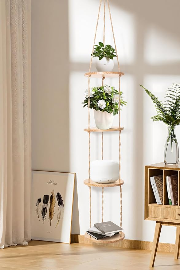 Hemp Rope Hanging Plant Shelf from Ceiling for Narrow Space Boho Hanging Plant Shelves, Natural Pine Wooden Plant Stand Display for Indoor, Outdoor, Corner, Balcony, Living Room and Bedroom