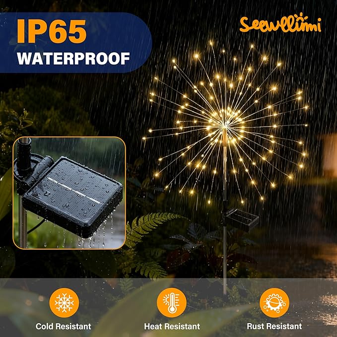 Solar Garden Lights Outdoor Decorative, 2pack 120 LED Firework Lights Waterproof，Solar Fairy Lights for Outside,Garden,Yard, Patio,Pathway,Flowerbed,Party(Warm White)