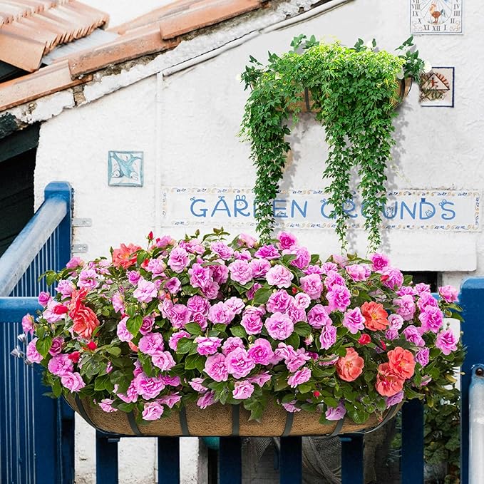 hehimhis Balcony Planters Railing Hanging 24inch 4 Pack Window Planter Box with Adjustable Bracket with Coco Liner for Porch Fence Patio Hanging Planters for Garden Outdoor Boxes