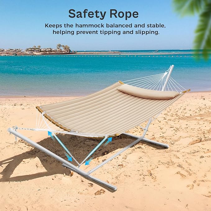 SUPERJARE Hammock with Stand, 2 Person Heavy Duty Hammock with Padded Cotton, Detachable Pillow & Strong Curved-Bar & Portable Carrying Bag, Perfect for Outdoor & Indoor, Beige