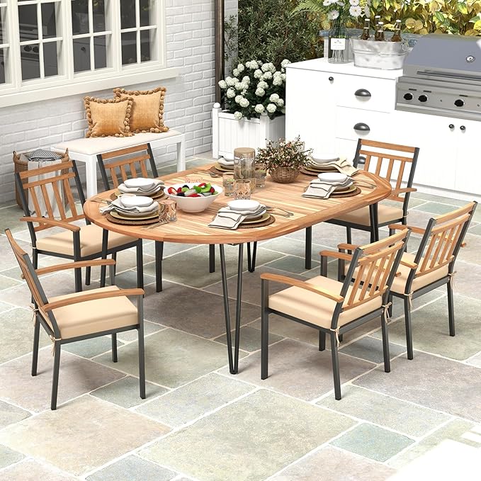 Tangkula 79" Large Patio Dining Table for 6, Acacia Wood 6-Person Dining Table with 2.5" Umbrella Hole & Metal Legs & Adjustable Foot Pads, Oval Outside Table for Garden, Poolside & Backyard