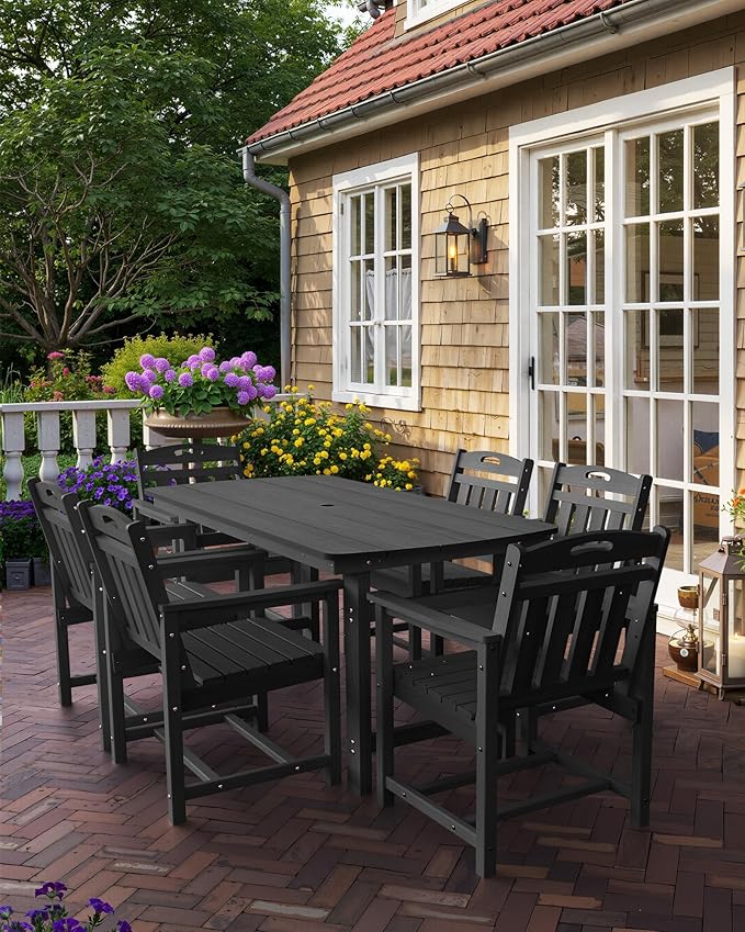 Outdoor Rectangle Dining Table, Heavy-Duty HDPE Table for 6, Weatherproof Patio Table with Umbrella Hole, Rounded Corners for Safety, Black