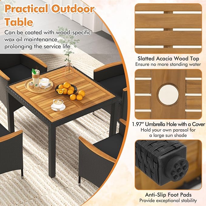Tangkula 5 Pieces Rattan Outdoor Dining Set for 4, Outdoor Acacia Wood Table Set with 4 Cushioned Wicker Chairs, Umbrella Hole, Patio Dining Furniture Set for Deck Pool Backyard