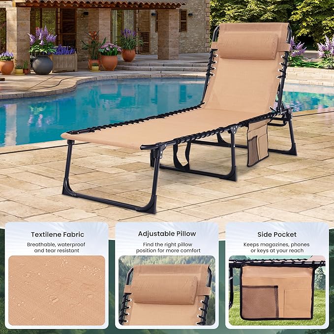 Folding Chaise Lounge Chair - 400lb Capacity, 5-Position Adjustable Recliner with Pillow | Portable for Patio, Pool, Camping & Sunbathing (Beige)