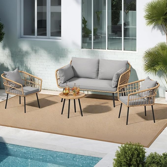 DWVO Patio Furniture Set 4 Pieces Boho Wicker Bistro Set, All Weather Outdoor Rattan Conversation Set with Loveseat Chairs Table Soft Cushions for Backyard, Pool, Garden - Grey