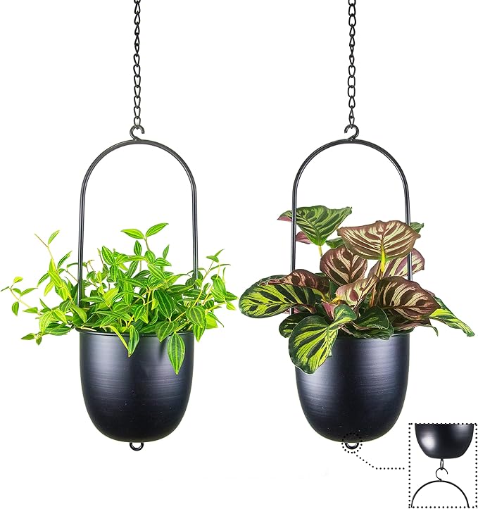 Stackable Metal Hanging Planters, Set of 2 Black Oval Plant Hangers with 6 inch Flower Pots, Modern Wall and Ceiling Plant Holders for Indoor Outdoor Plants Home Décor