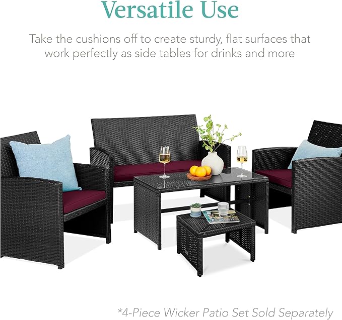 Best Choice Products Set of 2 Wicker Ottomans, Multipurpose Outdoor Furniture for Patio, Backyard, Additional Seating, Footrest, Side Table w/Removable Cushions, Steel Frame - Deep Burgundy/Black