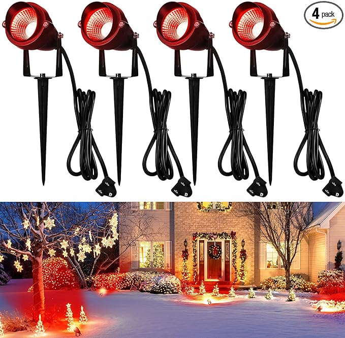 4 Pcs Christmas Red Spotlight Outdoor Plug in Landscape Lighting 12w Ip66 Waterproof LED Lights with Spiked Stand 270° Adjustable Outdoor Spot Lights for Yard Lawn Garden Tree Flags Holiday