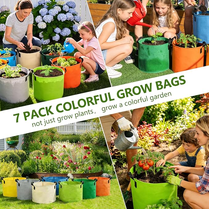 Grow Bags, 7 Pack Colorful 10 Gallon Grow Bags, Reusable Fabric Grow Bags, Foldable & Washable for Vegetables, Tomato Pots, Garden & Outdoor Growing