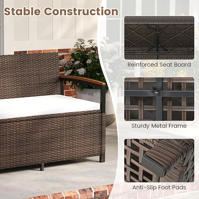 RELAX4LIFE Wicker Outdoor Storage Bench - Rattan Deck Box w/Protective Liner for Patio Furniture Pillows, Pool Supplies & Garden Tools, Porch Loveseat with Seat Cushion, Acacia Wood Armrests