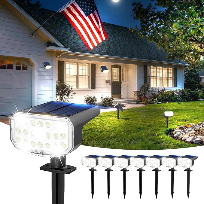 Solar Lights Outdoor Waterproof IP65, Super Bright LED with Lens, 6500K 2 Lighting Modes, Solar Powered Yard Garden Solar Spot Lights for Outside Landscape Auto On/Off -8 Pack