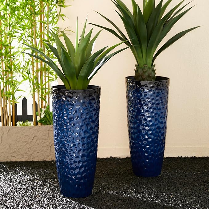 Glitzhome 31" H Oversized Tall Planter, Set of 2 Honeycomb Textured Gradient Cobalt Blue Round Garden Plant Pots with Drainage Holes, Large Flower Containers for Indoor Outdoor Front Door Patio