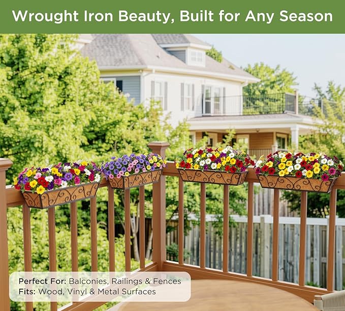 4pcs 24 Inch Window Deck with Coco Liner, 24" Window Boxes Horse Trough with Coconut Coir Liner, Metal Hanging Flower Planter Window Basket Deck Railing Planter Boxes for Outdoor Indoor Lawn
