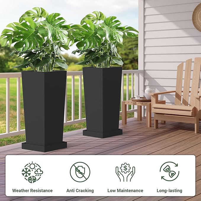Tall Planters 30" H - 2 Pack, Tapered Pots with Drainage Insert Shelve & Trays, Metal Outdoor Planter Box for Porch, Garden, Patio, Yard (Black)