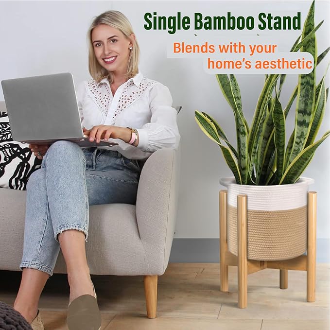 ZPirates Plant Stand for Indoor - Adjustable Sideways to fit 8 10 or 12 Inch-wide Medium-Large Planter Pots - Ideal for Live and Fake, Corner and Floor Plants - 14-inch Tall - Bamboo Wood
