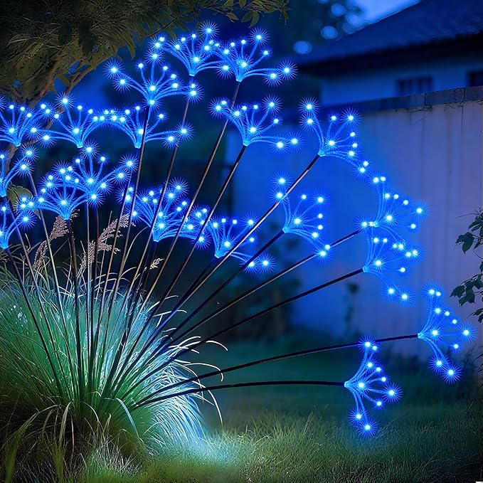 JJGoo Solar Garden Lights, New Upgraded 2 Pack Solar Swaying Starburst Light, Waterproof Fireworks Outdoor Lights, Yard Patio Pathway Decoration, Blue