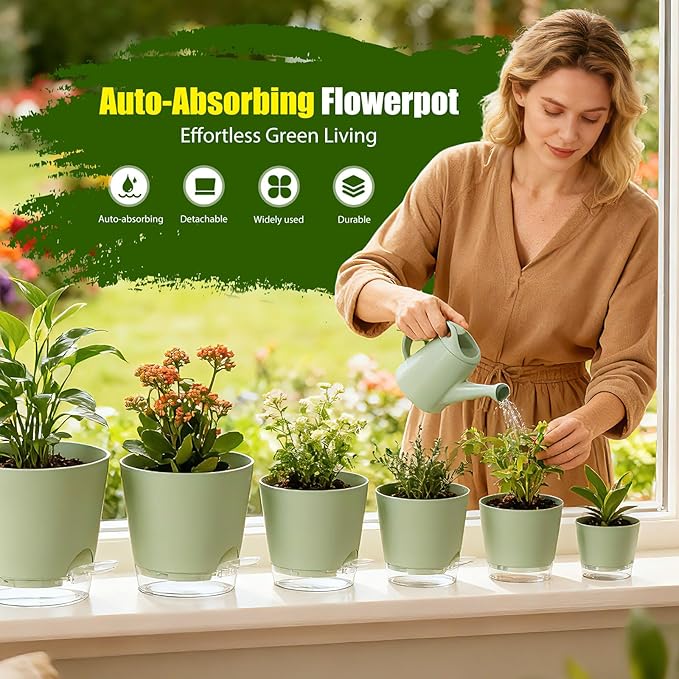 Plant Pots 4/5/5.5/6/6.5/7/8 Inch Self Watering Pots, 7 Pack Plastic Planters with Drainage Holes and Clear Saucers,Plastic Flower Pots,Nursery Planting Pot for Indoor Out Door Plants (Green)