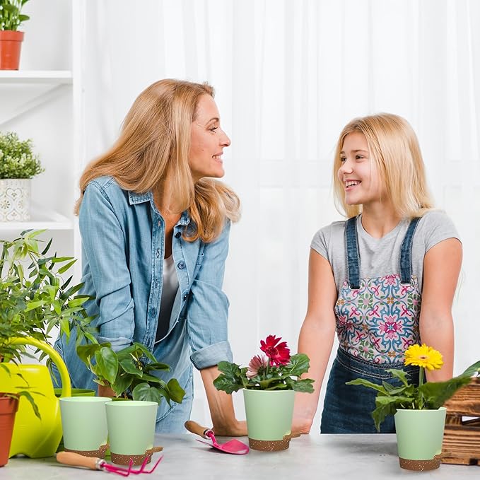 Self Watering Pots, 4 inch Flower Pots with Multi Mesh Drainage Holes, Small Platic Planters for Indoor Outdoor Garden Plants and Flowers (Green with Brown Tray, 4")