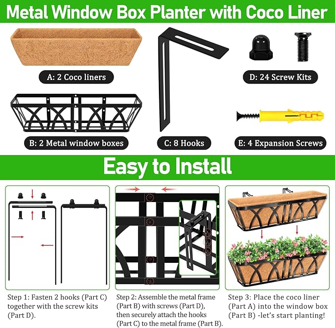 Riare 2 Pack 24 Inch Metal Railing Planter Window Box with Coco Liner- Adjustable Window Flower Boxes for Railings, Hanging Rail Planters for Deck, Balcony, Porch, Fence, Indoor Outdoor Plants