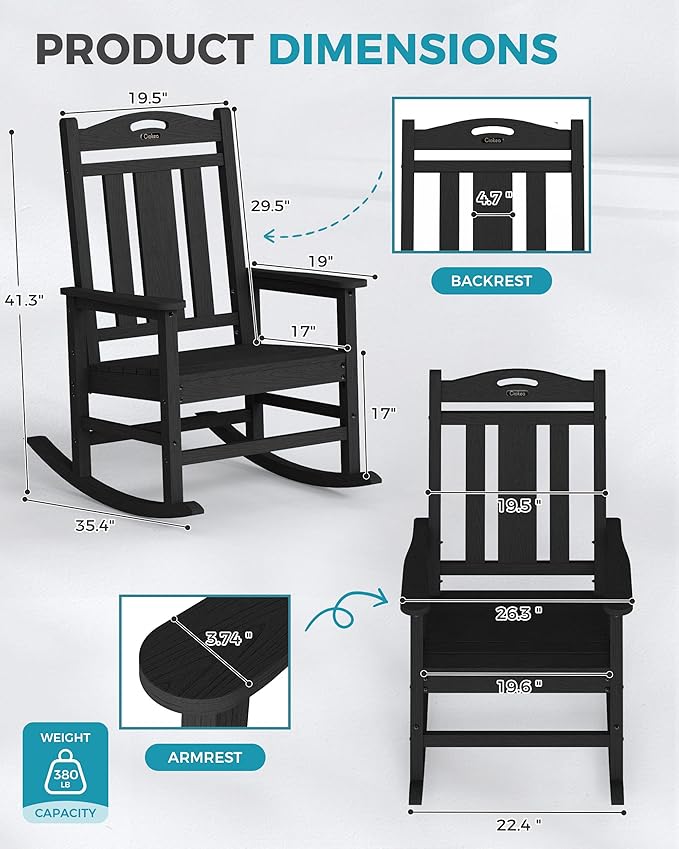 Ciokea Oversized Outdoor Rocking Chair, 380lbs Heavy-Duty Large Patio Rocker, Weather Resistant & Anti-Fade Porch Chair, High Back Cozy Rocking Chair for Outside, Fire Pit, Deck, Garden, Black