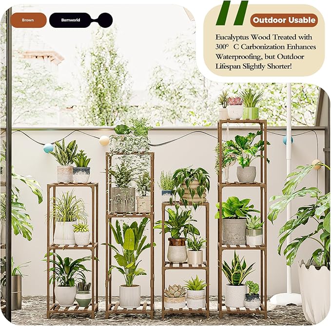 Bamworld 4 Sets Tall Plant Stands Indoor Outdoor Combo Plant Shelves Wooden Plant Holder Rack for Multiple Plants Flower Stands for Living Room Balcony Garden Patio Lawn Window