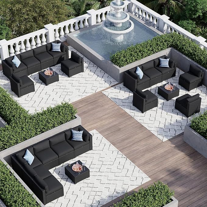 Aoxun 7 Piece Patio Furniture Set, Wicker Rattan Patio Sectional Sofa, Outdoor Furniture Set with Thickened Cushion, Black