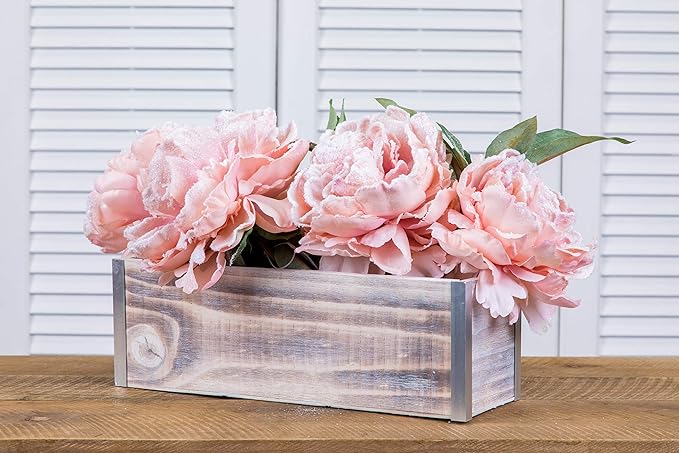Wood Planter Box with Tin Style, 12x4 Inch Rectangular, Whitewash, Plastic Liner, Garden Centerpiece Display, Wedding Flowers Holder, Home and Venue Decor (12x4 w/ Tin Set of 4, Whitewash)