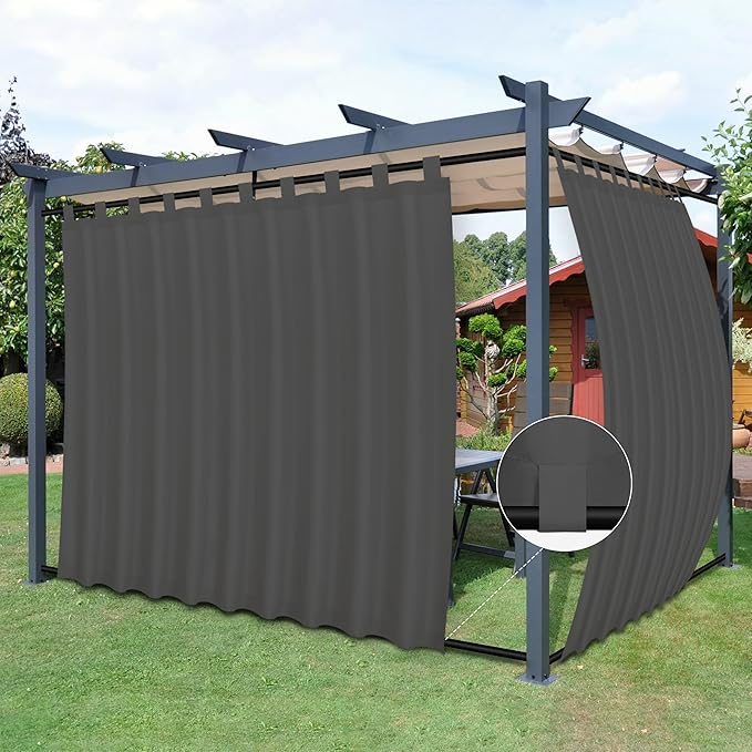 Easy-Going Outdoor Patio Curtains Detachable Tab Top Windproof Weatherproof Curtain for Cabana, Porch, Pergola and Gazebo, Tab Bottom Drape, 2 Panels, 110W x 108L inch, Gray