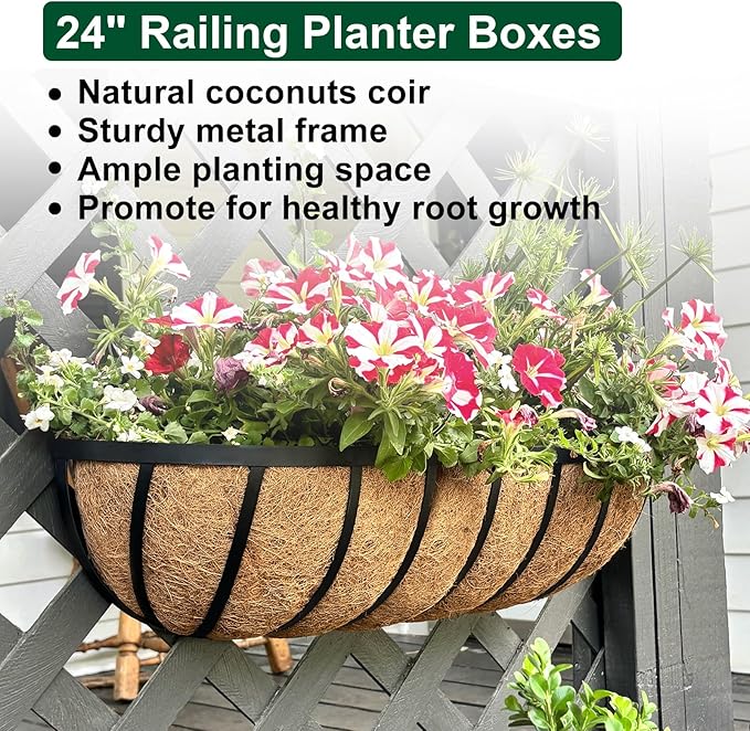 DUNCHATY Railing Planter Window Box - 4 Pack 24" Horse Trough Planter with Coco Fiber Liner - Deck Balcony Rail Planter for Porch Fence Patio Outdoor