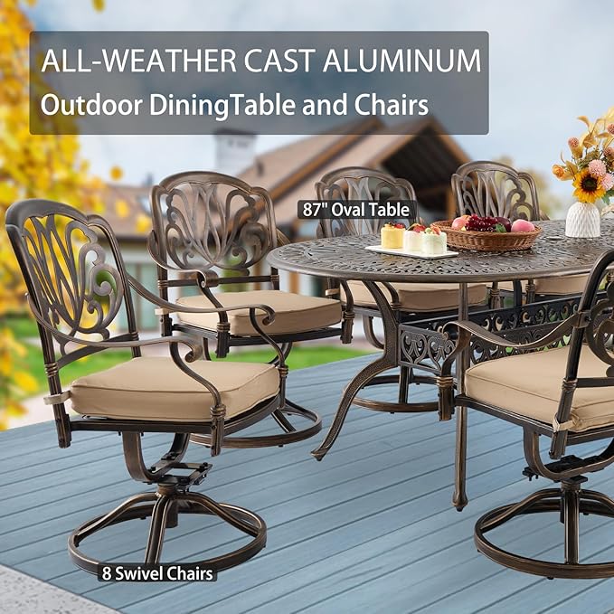 9-Piece Cast Aluminum Patio Furniture, Outdoor Dining Sets for 8 Include 87" Oval Patio Dining Table and 8 Swivel Chairs with Cushions & Umbrella Hole(Bronze)