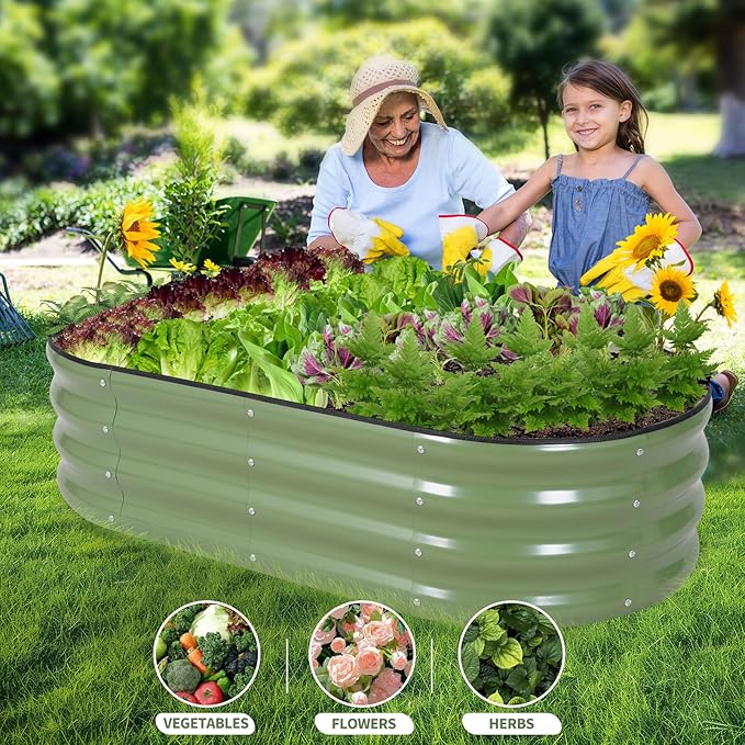 Galvanized Raised Garden Bed Outdoor- Raised Beds for Gardening| Metal Planter Box, Steel Raised Garden Bed Kit with Safety Edging and Gloves for Vegetables, Flower, Herbs (4x2x1FT, Green)