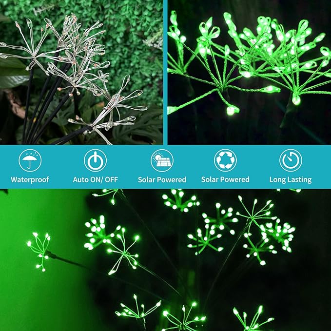 JJGoo Solar Garden Lights, New Upgraded 2 Pack Solar Swaying Starburst Light, Waterproof Fireworks Outdoor Lights, Yard Patio Pathway Decoration, Green