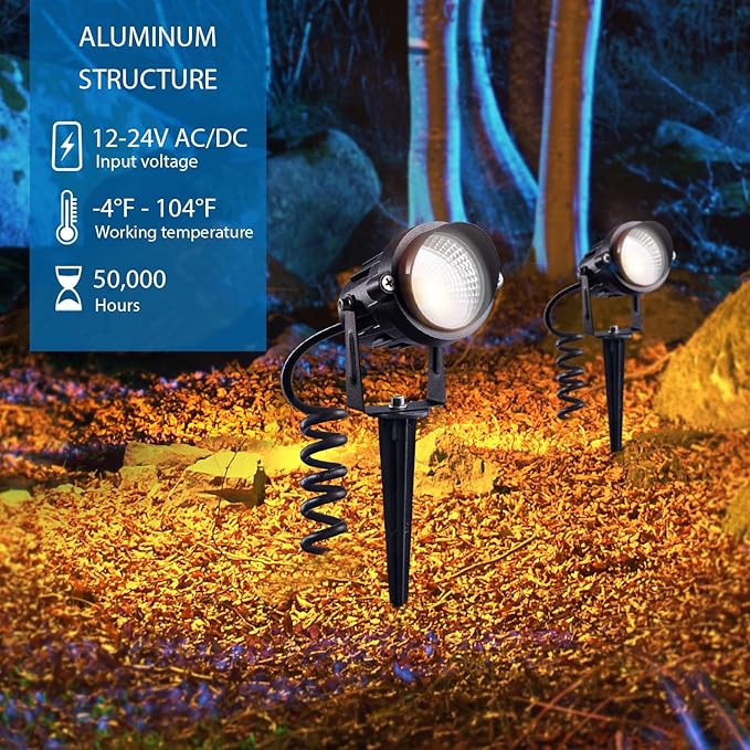 SUNVIE 12W LED Landscape Lighting Low Voltage (AC/DC 12V) Waterproof Garden Pathway Lights Super Warm White (900LM) Walls Trees Flags Outdoor Spotlights with Spike Stand (4 Pack)