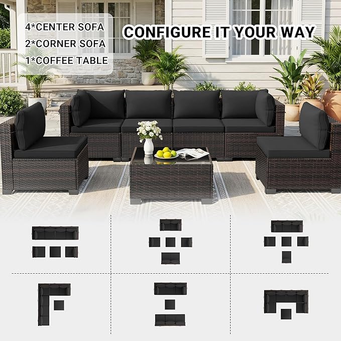 LEVELEVE 7 Pieces Outdoor Patio Furniture Sets,Rattan Conversation Sectional Set,Manual Weaving Wicker Patio Sofa with Tea Table(Black 7pcs)