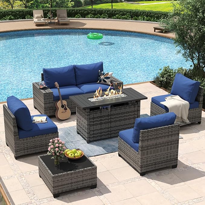 Aoxun 7 Piece Patio Furniture Set with Wide Armrests & 44” Fire Pit Table Wicker Rattan Outdoor Sectional Sofa Set with Coffee Table and Thickened Cushions, Gray/Blue(Waterproof Cover Included)