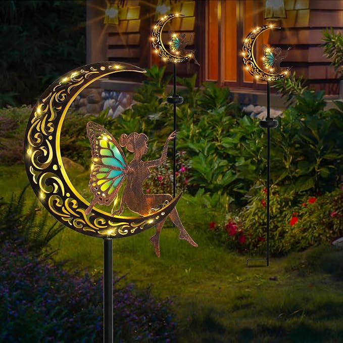 Afirst Solar Garden Lights Outdoor Decor Moon Fairy Stake Lights Waterproof Warm White LED Metal Stake Decor for Outdoor Pathway Yard Lawn Decoration Housewarming Mom Gifts 2 Pack