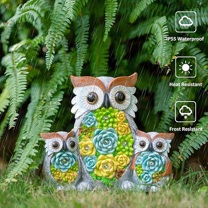 Solar Garden Statue Owl Decor – Cute Owl Family Figurines with LED Succulent Lights, Waterproof Outdoor Yard Art Ornaments for Patio, Lawn, Porch, Housewarming Gifts for Women Mom