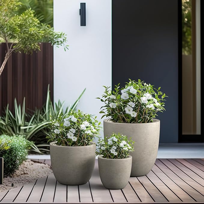 Kante 18",14",10" Dia Concrete Round Planters (Set of 3), Outdoor Indoor Large Planter Pots with Drainage Hole and Rubber Plug for Home Patio Garden, Buff Concrete